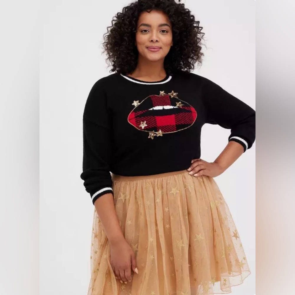 NWT Torrid size 3 / 3X Lips Sweater Plaid Black Plus 22 / 24 Holiday / Christmas